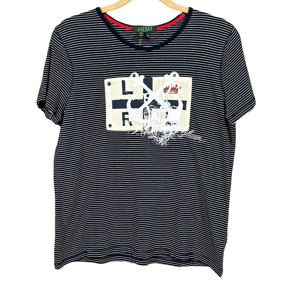 Lauren Ralph Lauren Nautical Stripe Flag Applique T-Shirt Petite L NWT Preppy